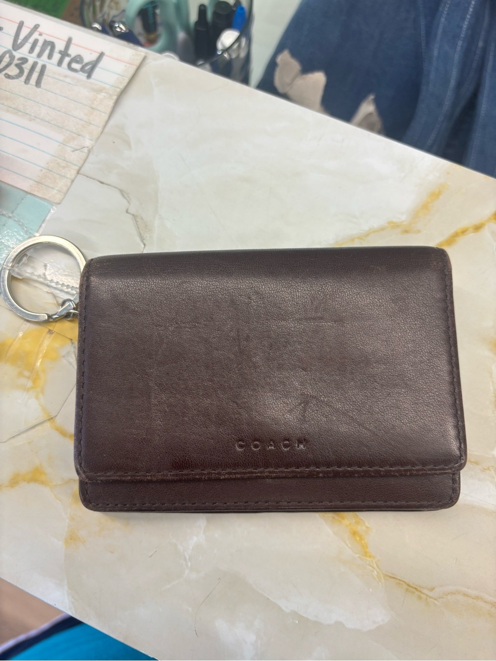 COACH Dark Brown Leather Key & Card Holder with Key Ring